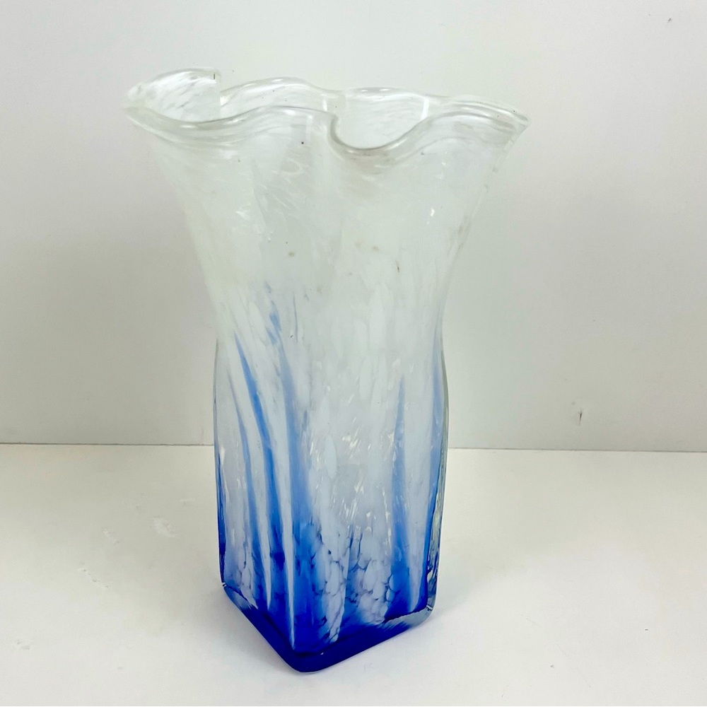 Handkerchief Vase White And Cobalt Blue Splatter Art Glass 9.25” Vase